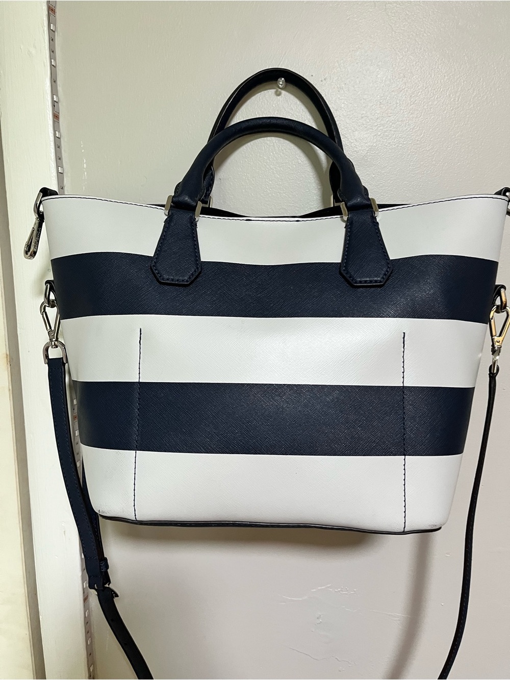 Michael Kors Black and White Striped Leather Tote with MK Charm - Picture 9 of 17